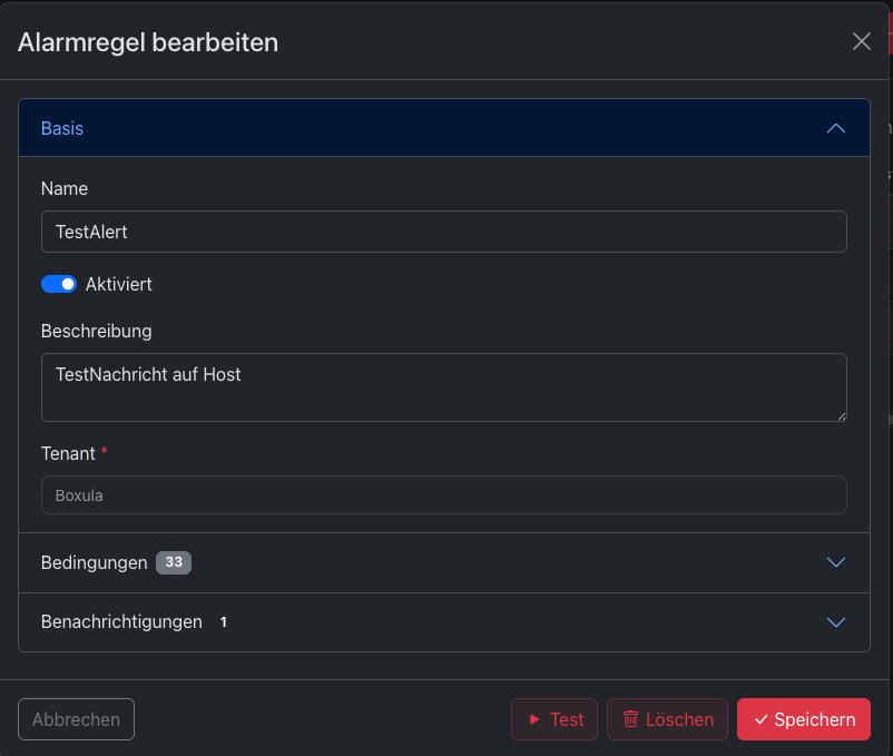 Bearbeitungsdialog einer Alarmregel mit geöffnetem Bereich Basis