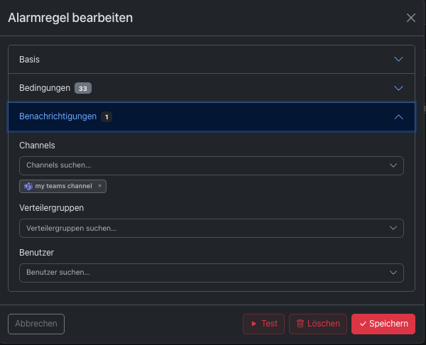 Bearbeitungsdialog einer Alarmregel mit geöffnetem Bereich Benachrichtigungen