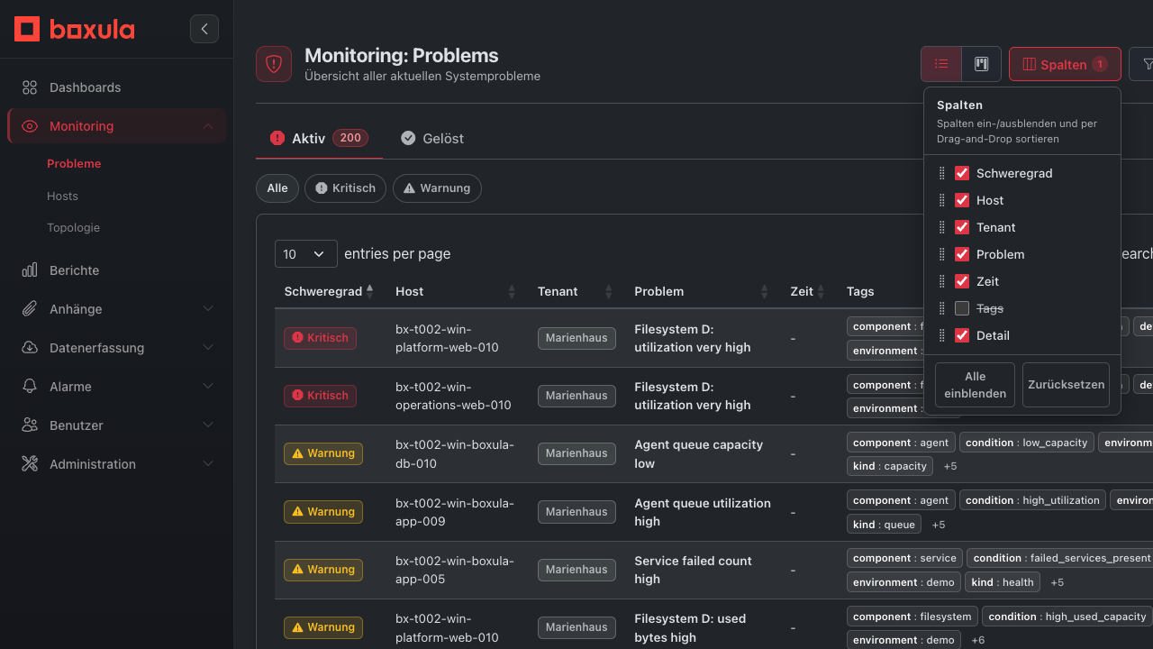 Spaltenverwaltung der Monitoring-Problems
