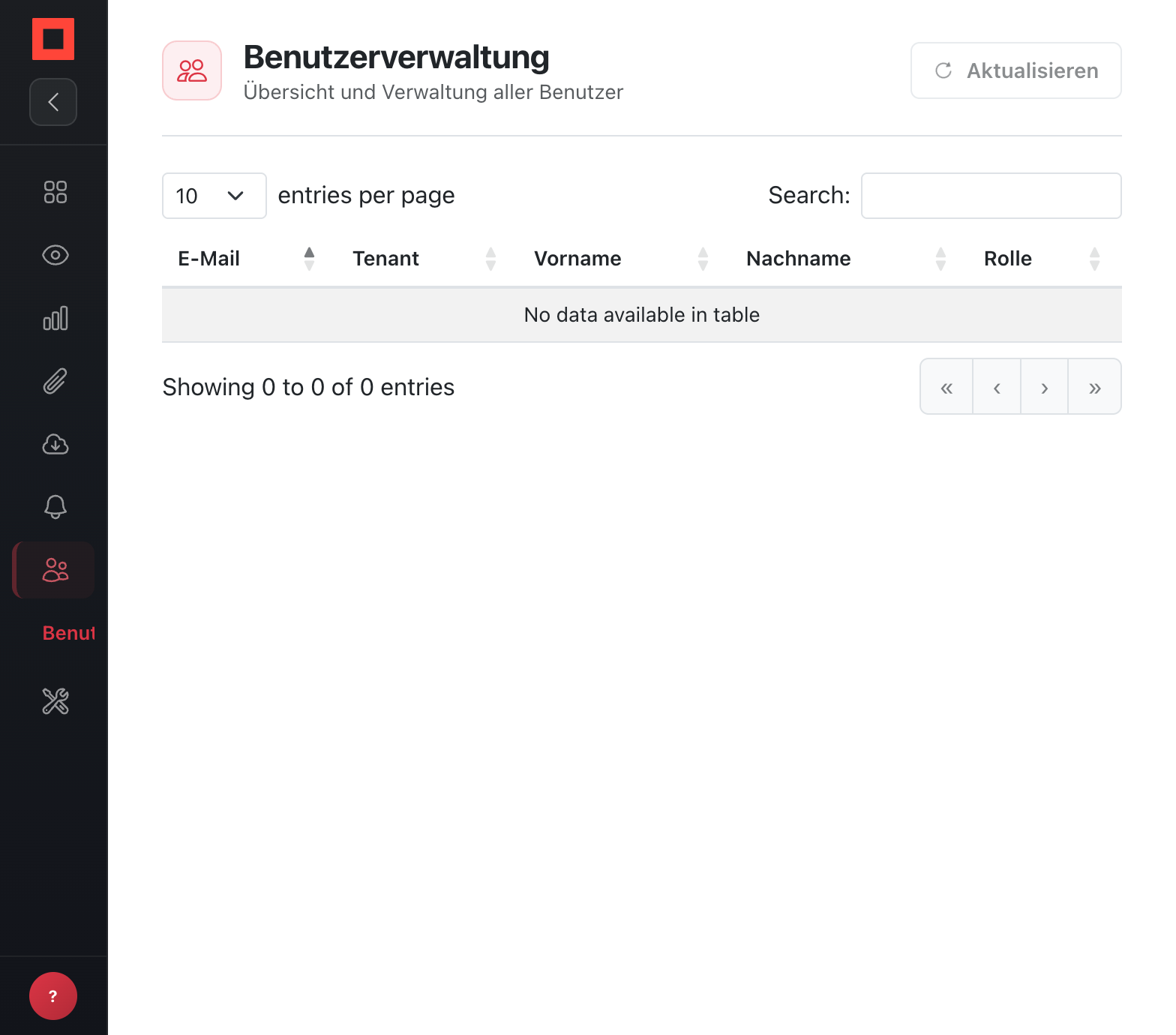 Leere Benutzerliste mit den verfügbaren Spalten